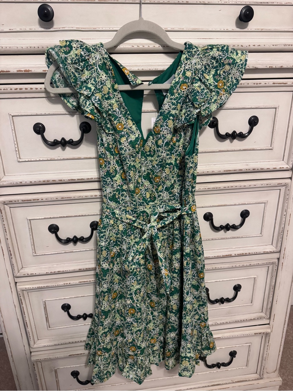 Green Floral Ruffle Sleeve Dress